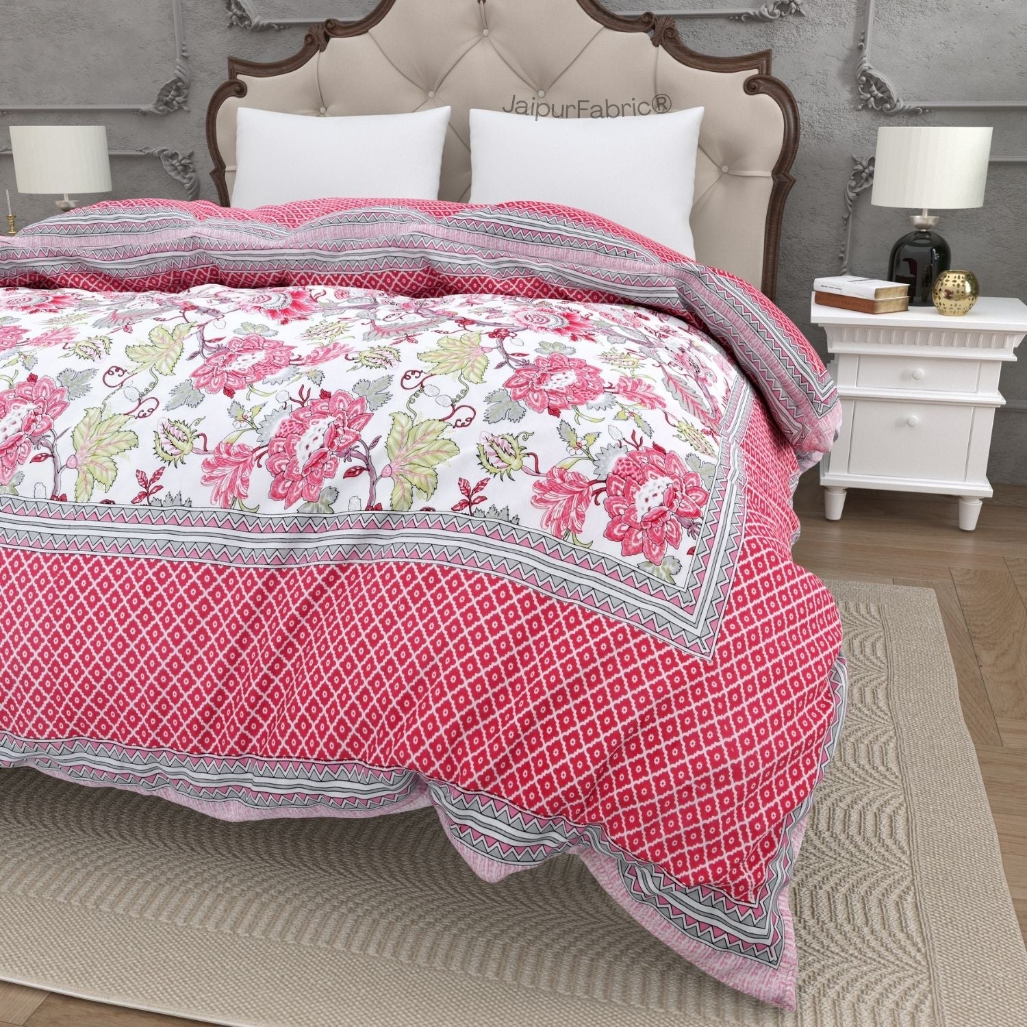 Vibrant Pink Floral Print with Geometric Border Double Bed Comforter