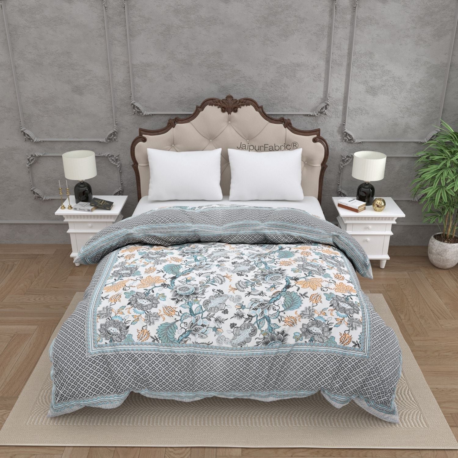 Botanica Teal Grey Combo of Pure Cotton Double Bedsheet and Double Bed Comforter