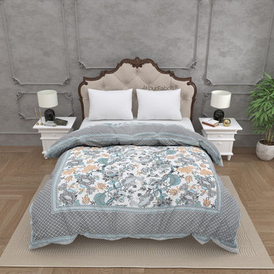 Botanica Teal Grey Combo of Pure Cotton Double Bedsheet and Double Bed Comforter