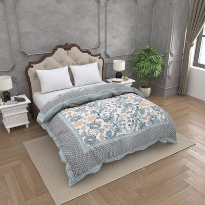 Botanica Teal Grey Combo of Pure Cotton Double Bedsheet and Double Bed Comforter