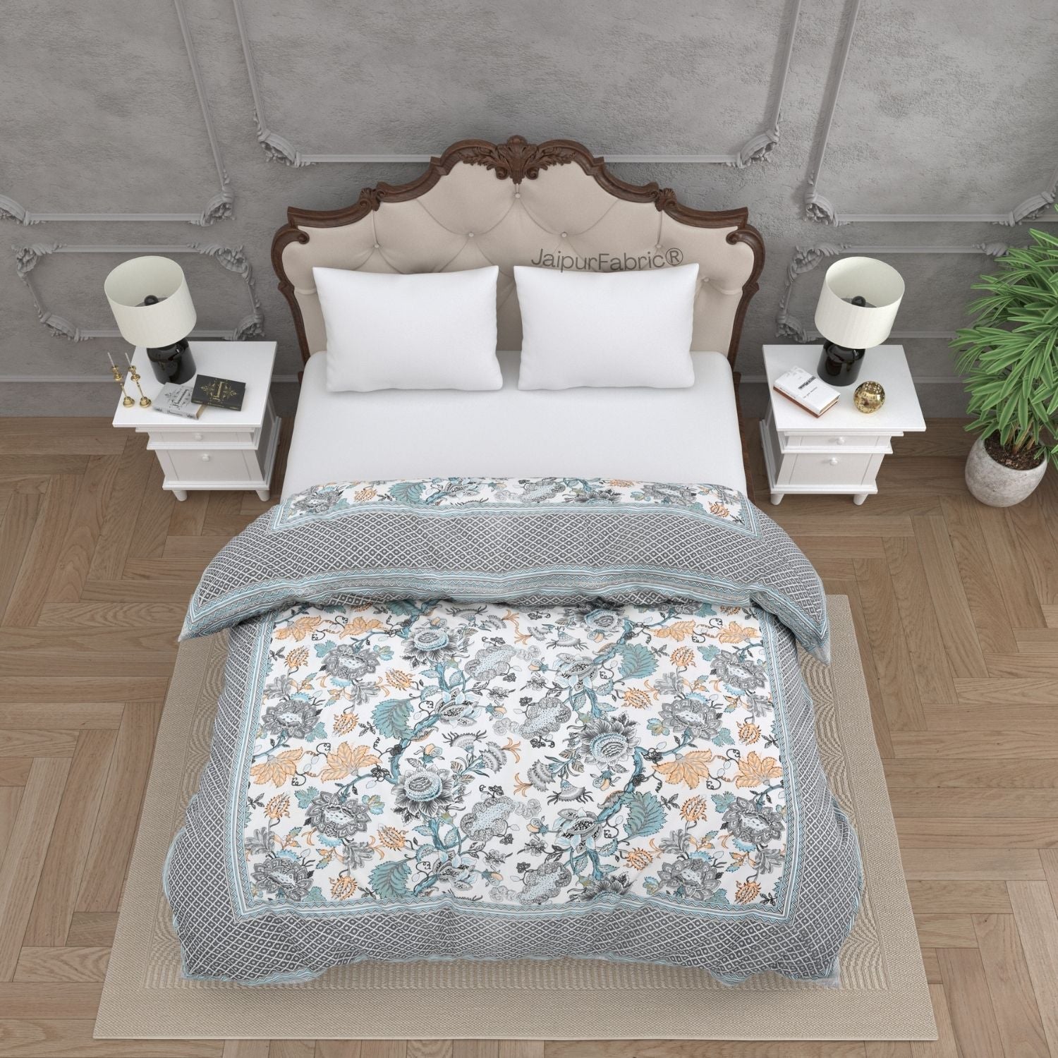 Botanica Teal Grey Combo of Pure Cotton Double Bedsheet and Double Bed Comforter