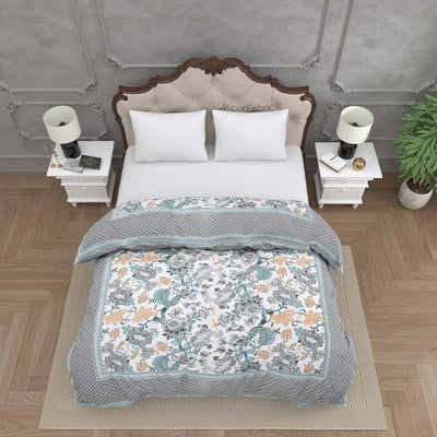 Botanica Teal Grey Combo of Pure Cotton Double Bedsheet and Double Bed Comforter