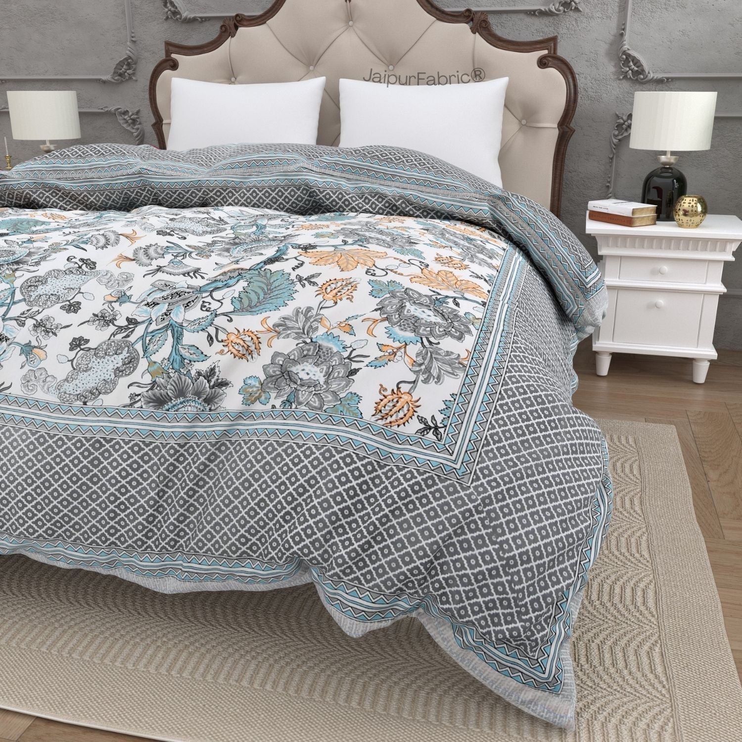 Botanica Teal Grey Combo of Pure Cotton Double Bedsheet and Double Bed Comforter