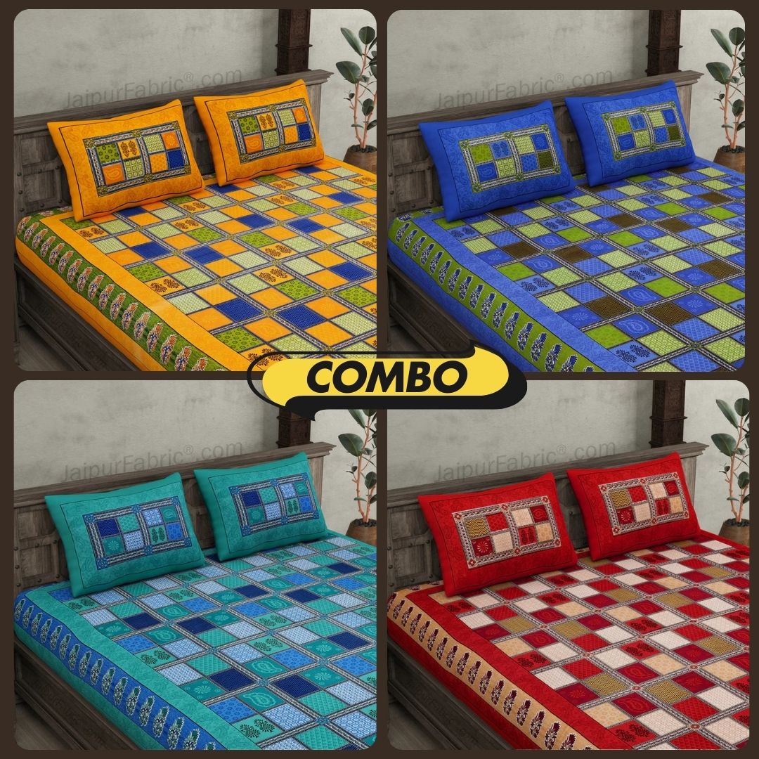 Multicolor Checkered Super Fine Cotton Double Bedsheet Combo of 4