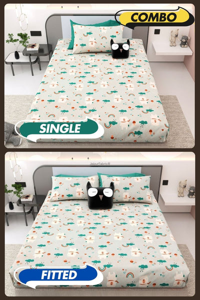 Playtime Pals Green Pastel Soft Cotton Kids Bed Sheet Combo of 2