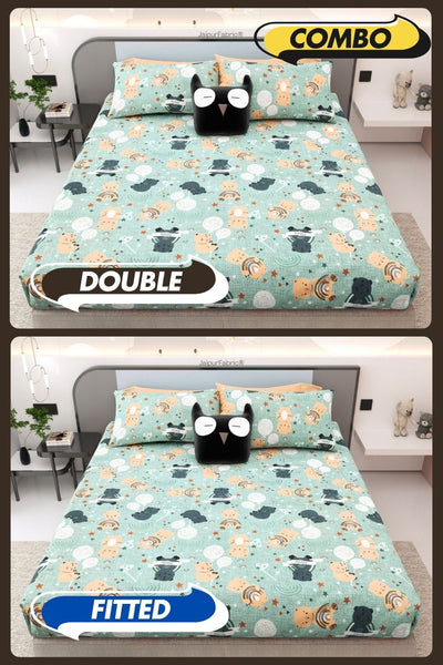 Cuteness Overloaded Green Soft Cotton Kids Bed Sheet Combo of 2