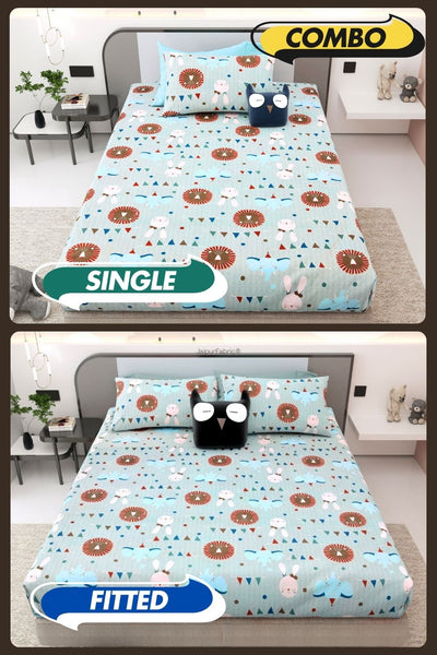 Animal Carnival Pastel Blue Soft Cotton Kids Bed Sheet Combo of 2