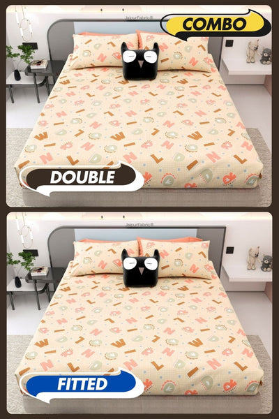 ABC Alphabet Adventure Peach & Beige Soft Cotton Kids Bed Sheet Combo of 2