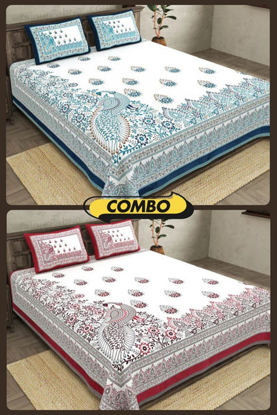 Artistic Beauty Contrast Pink and Blue King Size 10 Feet Wide Premium Cotton Bedsheet Combo of 2