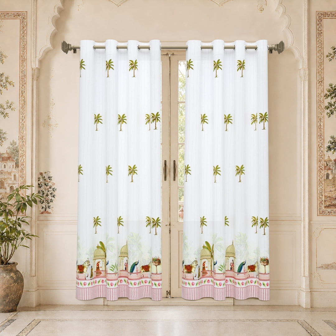 Royal Rajputana Palace & Palm Motif 7 Ft Duck Cotton Digital Print Curtain