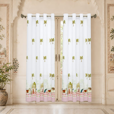 Royal Rajputana Palace & Palm Motif 7 Ft Duck Cotton Digital Print Curtain