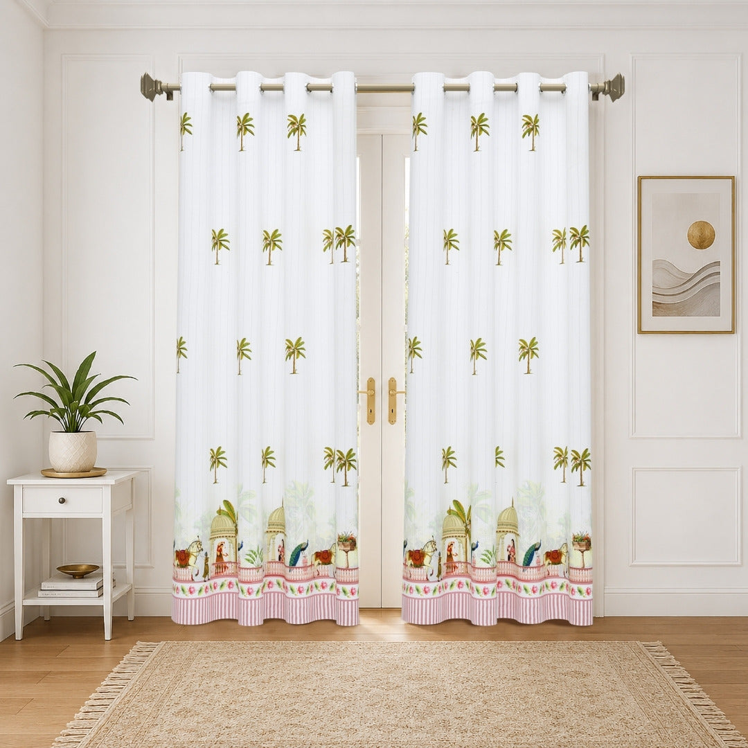 Royal Rajputana Palace & Palm Motif 7 Ft Duck Cotton Digital Print Curtain