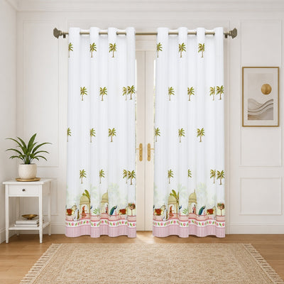 Royal Rajputana Palace & Palm Motif 7 Ft Duck Cotton Digital Print Curtain