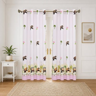 Royal Rajputana Procession Elephant & Palm Motif 7 Ft Duck Cotton Digital Print Curtain