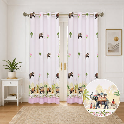 Royal Rajputana Procession Elephant & Palm Motif 7 Ft Duck Cotton Digital Print Curtain