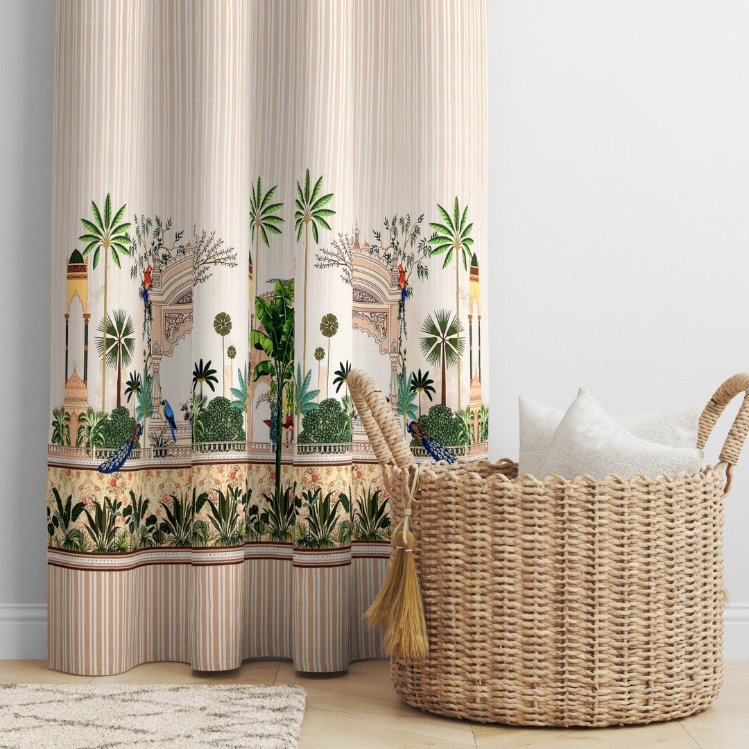 Traditional Indian Archway & Temple Garden 7 Ft Duck Cotton Screen Print Curtain