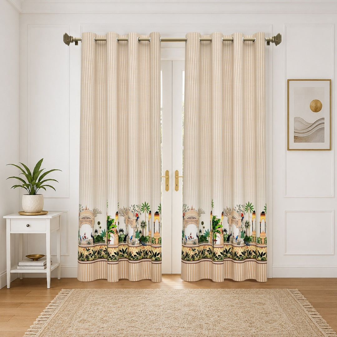 Traditional Indian Archway & Temple Garden 7 Ft Duck Cotton Digital  Print Curtain