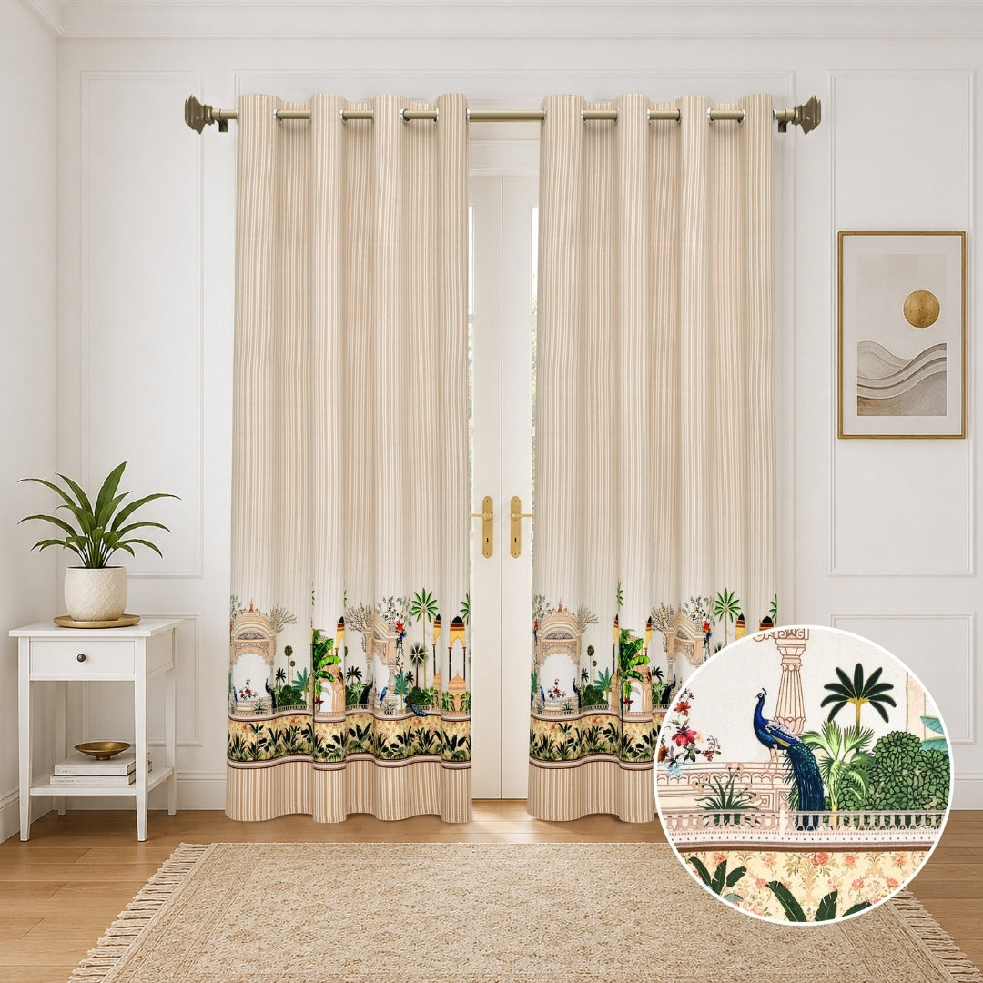 Traditional Indian Archway & Temple Garden 7 Ft Duck Cotton Digital  Print Curtain