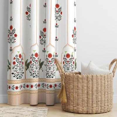 Traditional Red Floral Temple Archway 7 Ft Duck Cotton Screen Print Curtain