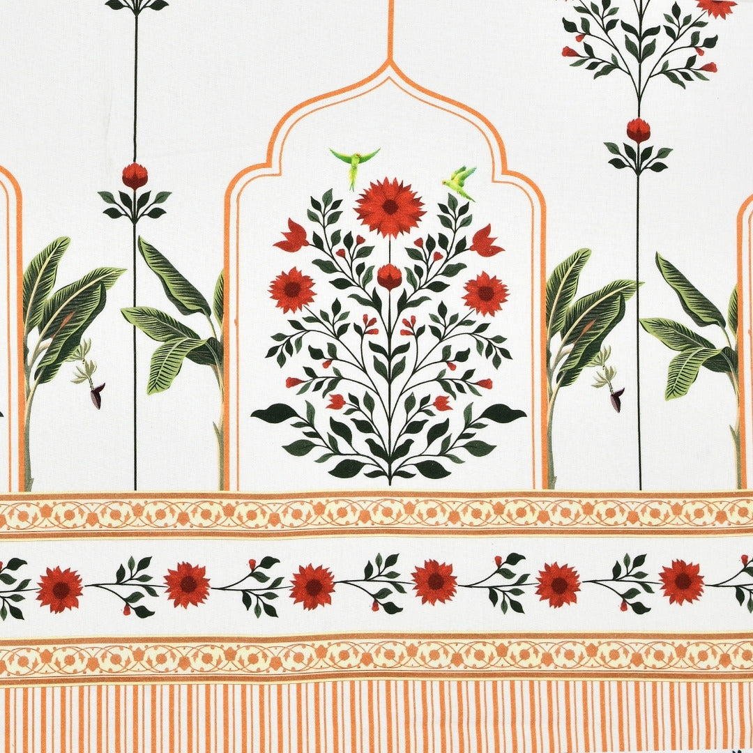 Traditional Red Floral Temple Archway 7 Ft Duck Cotton Digital Print Curtain