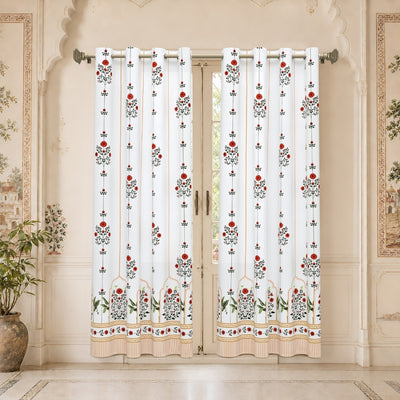 Traditional Red Floral Temple Archway 7 Ft Duck Cotton Digital Print Curtain