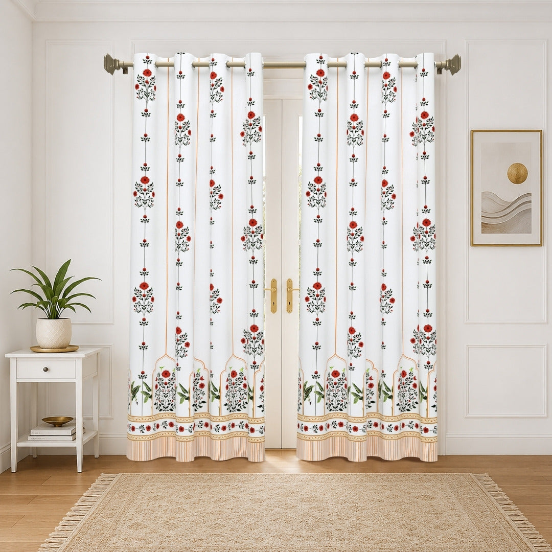 Traditional Red Floral Temple Archway 7 Ft Duck Cotton Digital Print Curtain