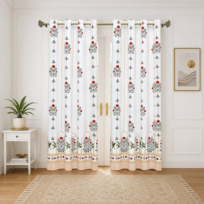 Traditional Red Floral Temple Archway 7 Ft Duck Cotton Digital Print Curtain