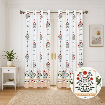 Traditional Red Floral Temple Archway 7 Ft Duck Cotton Digital Print Curtain