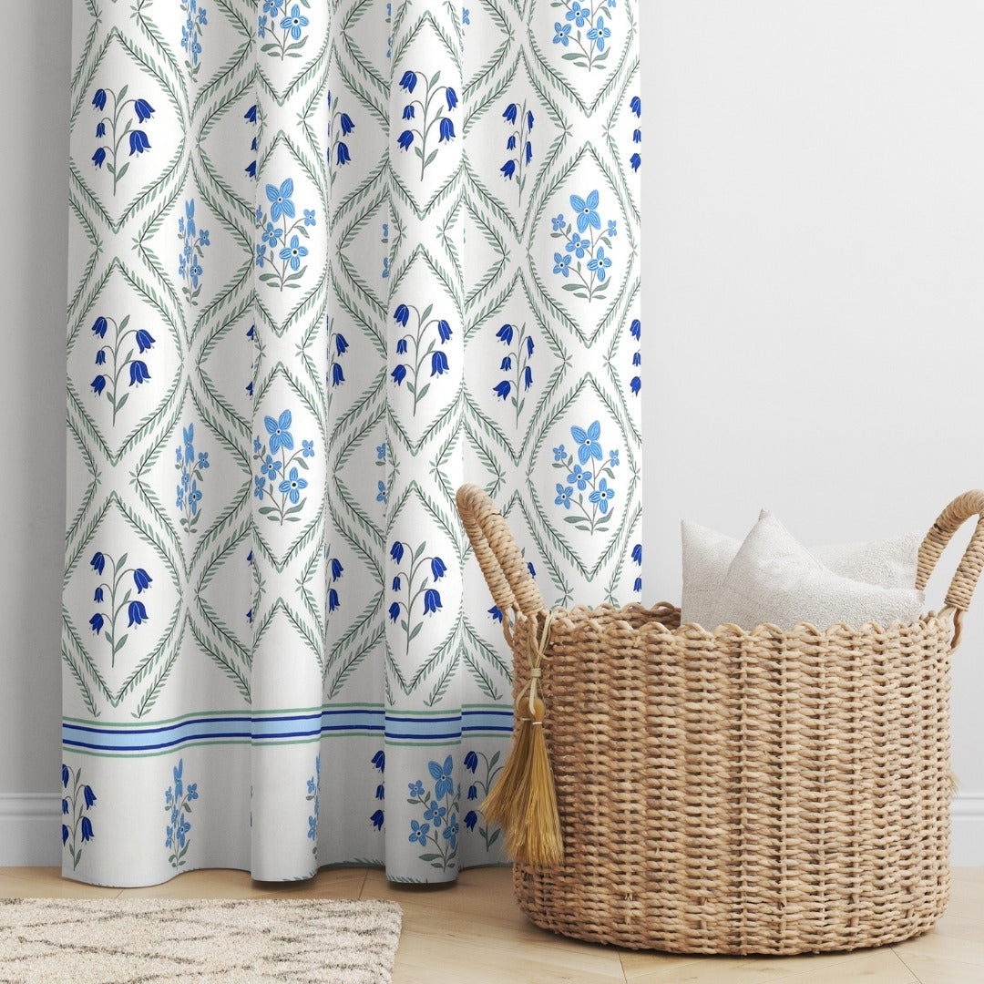 Blue Floral Diamond Trellis 7 Ft Duck Cotton Screen Print Curtain