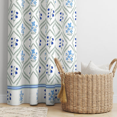 Blue Floral Diamond Trellis 7 Ft Duck Cotton Screen Print Curtain