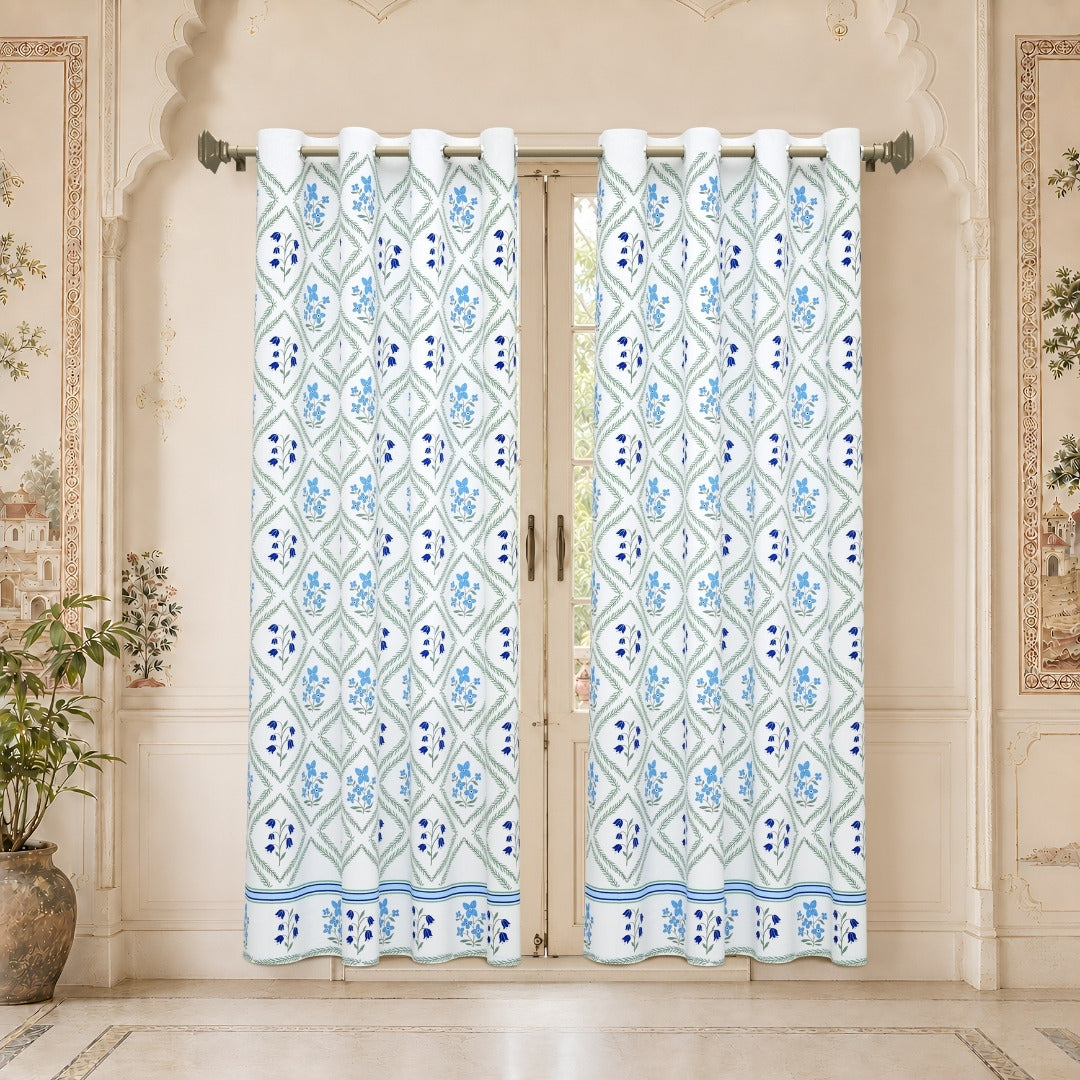 Blue Floral Diamond Trellis 7 Ft Duck Cotton Digital Print Curtain