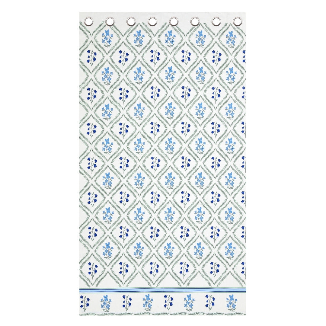 Blue Floral Diamond Trellis 7 Ft Duck Cotton Digital Print Curtain