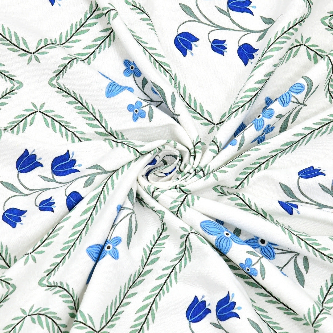 Blue Floral Diamond Trellis 7 Ft Duck Cotton Digital Print Curtain