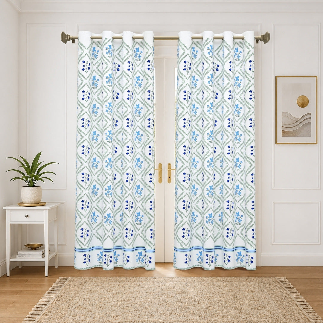 Blue Floral Diamond Trellis 7 Ft Duck Cotton Digital Print Curtain