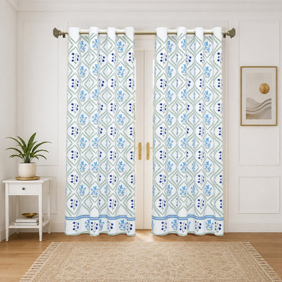 Blue Floral Diamond Trellis 7 Ft Duck Cotton Digital Print Curtain