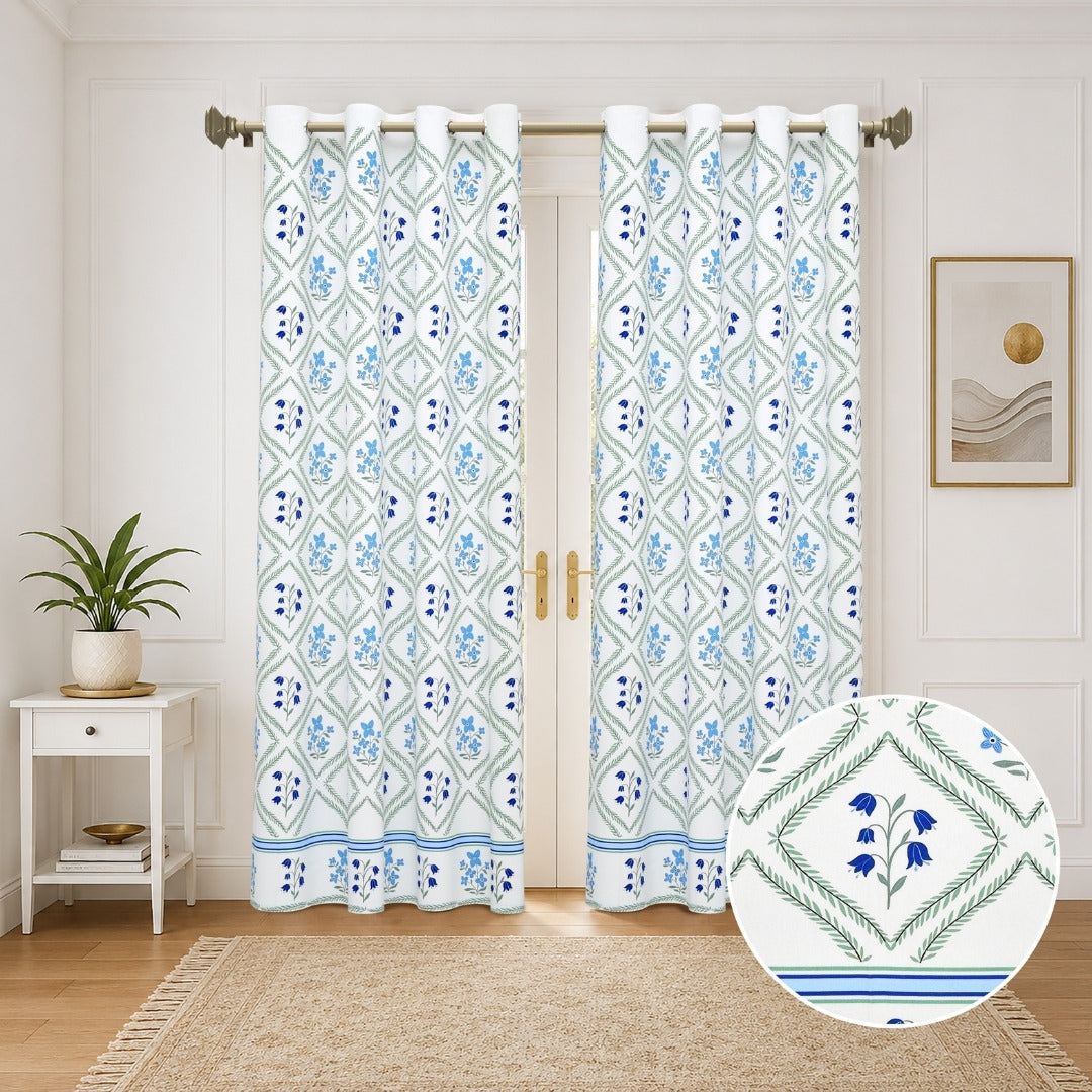 Blue Floral Diamond Trellis 7 Ft Duck Cotton Digital Print Curtain