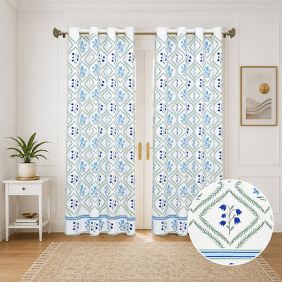 Blue Floral Diamond Trellis 7 Ft Duck Cotton Digital Print Curtain