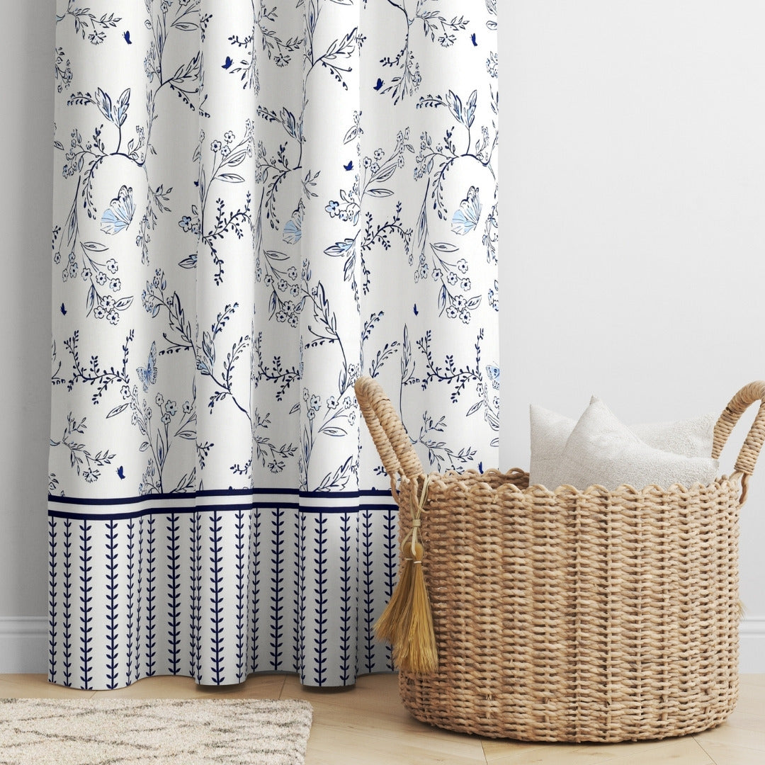 Indigo Botanical Vine & Butterfly 7 Ft Duck Cotton Screen Print Curtain