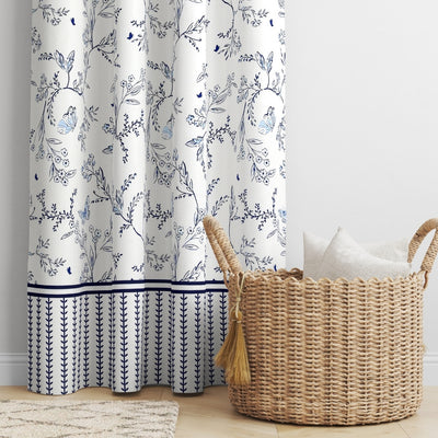 Indigo Botanical Vine & Butterfly 7 Ft Duck Cotton Screen Print Curtain