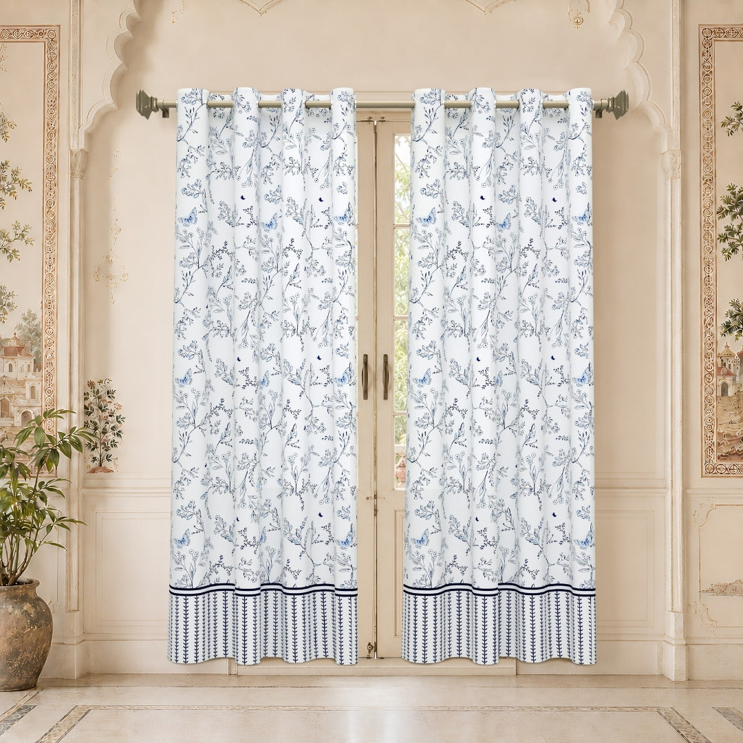 Indigo Botanical Vine & Butterfly 7 Ft Duck Cotton Digital Print Curtain