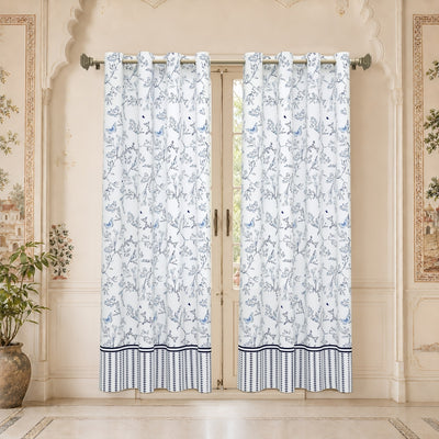 Indigo Botanical Vine & Butterfly 7 Ft Duck Cotton Digital Print Curtain