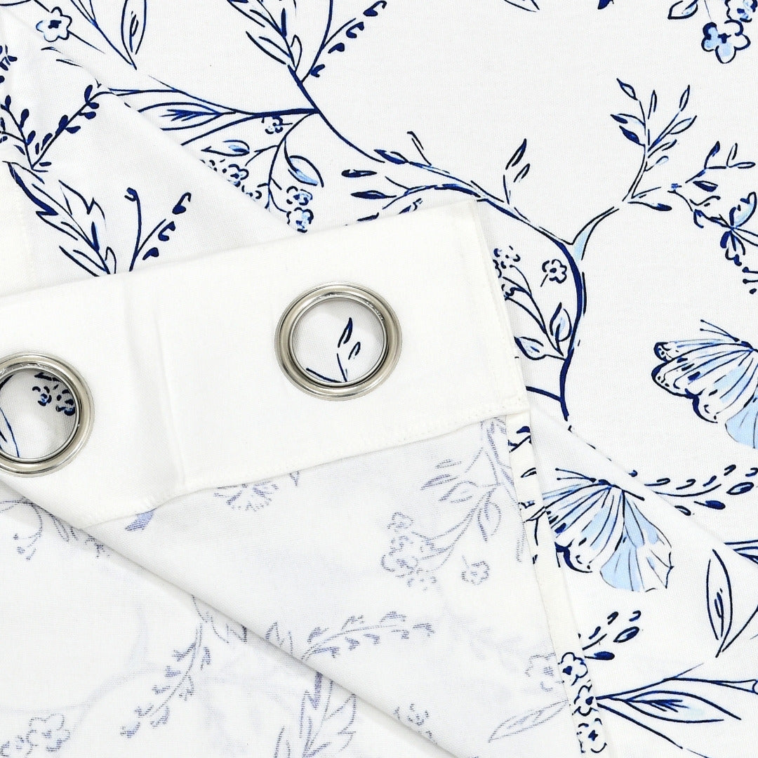 Indigo Botanical Vine & Butterfly 7 Ft Duck Cotton Digital Print Curtain