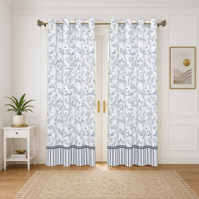 Indigo Botanical Vine & Butterfly 7 Ft Duck Cotton Digital Print Curtain