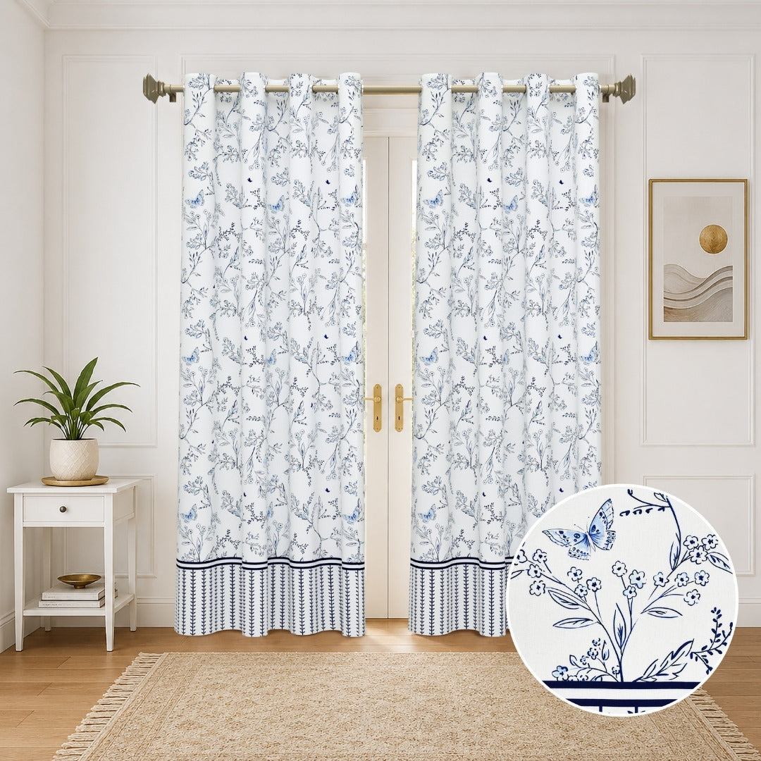 Indigo Botanical Vine & Butterfly 7 Ft Duck Cotton Digital Print Curtain