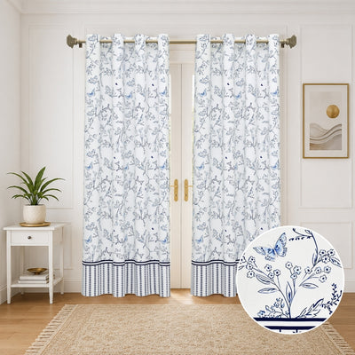 Indigo Botanical Vine & Butterfly 7 Ft Duck Cotton Digital Print Curtain
