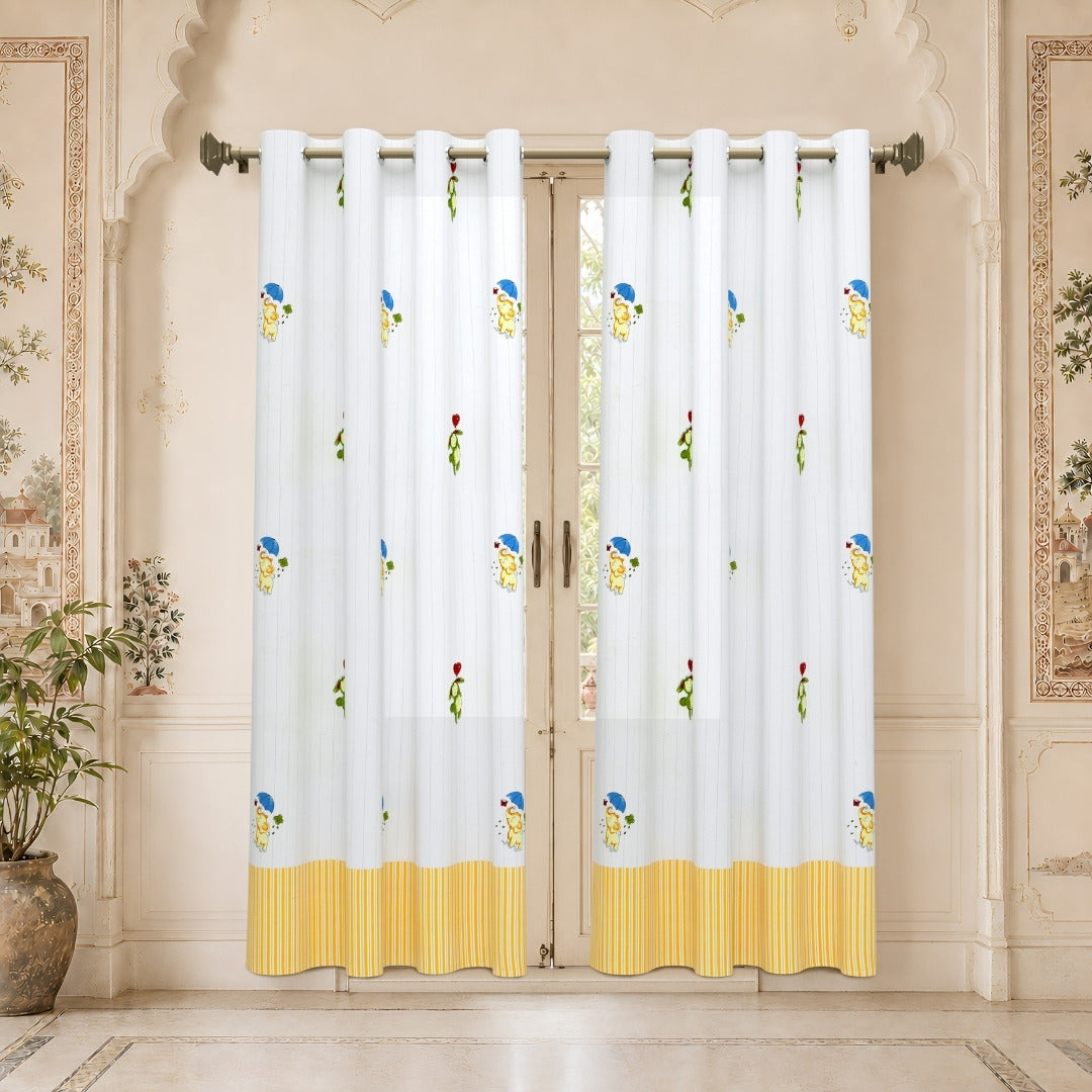 Playful Elephant & Bunny Stripe 7 Ft Duck Cotton Digital Print Curtain