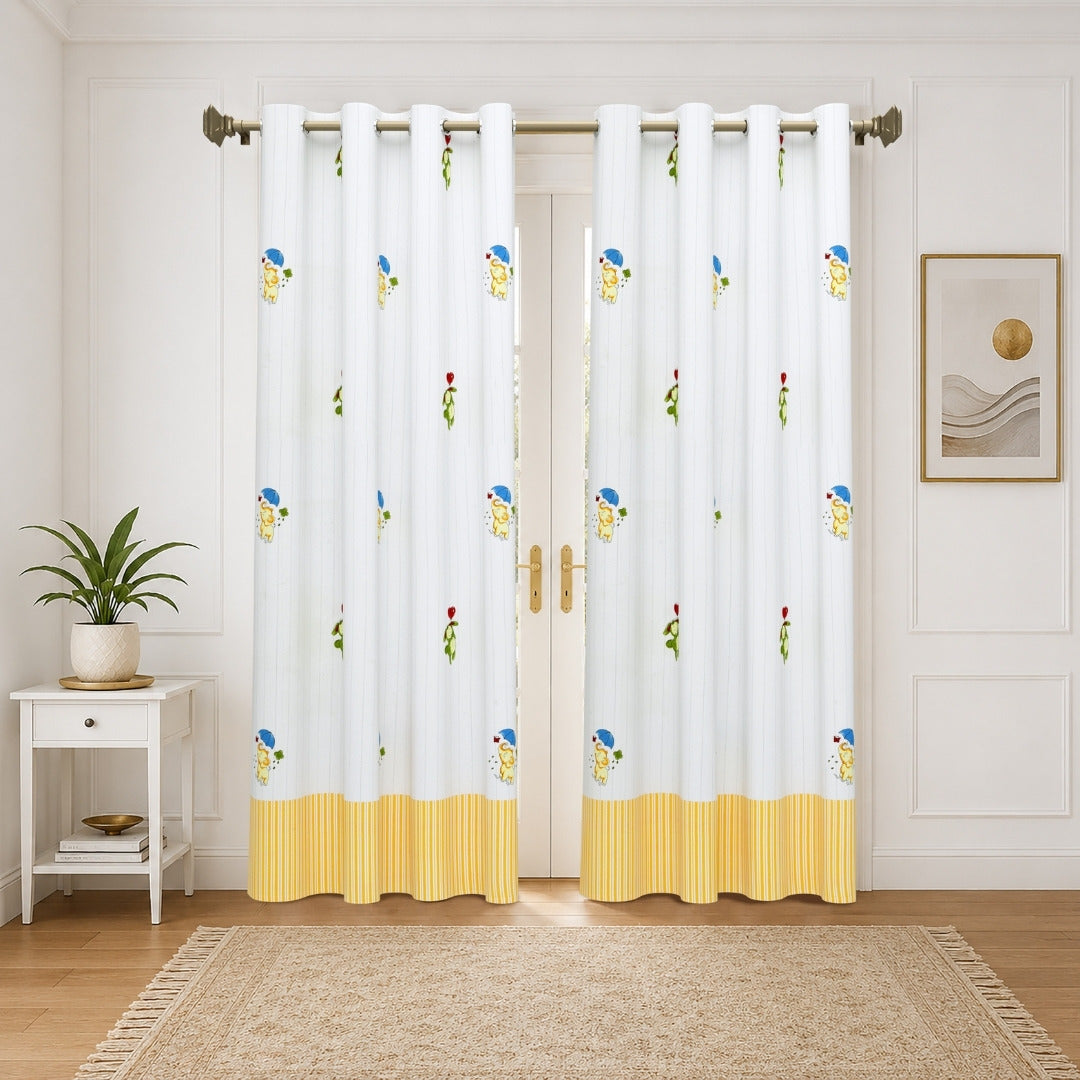 Playful Elephant & Bunny Stripe 7 Ft Duck Cotton Digital Print Curtain