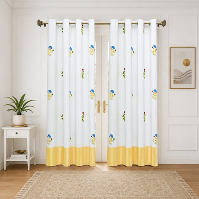 Playful Elephant & Bunny Stripe 7 Ft Duck Cotton Digital Print Curtain