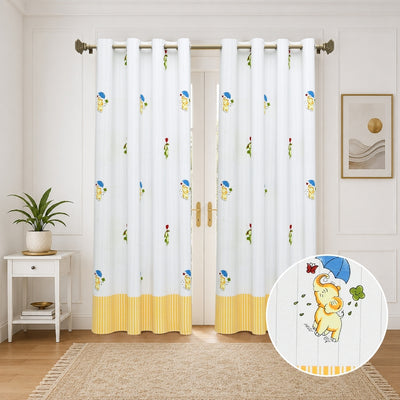 Playful Elephant & Bunny Stripe 7 Ft Duck Cotton Digital Print Curtain