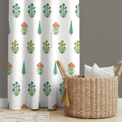 Jaipur Mela Hand Block Printed Sea Green Trees and Flowers Curtains (Pack of 2)